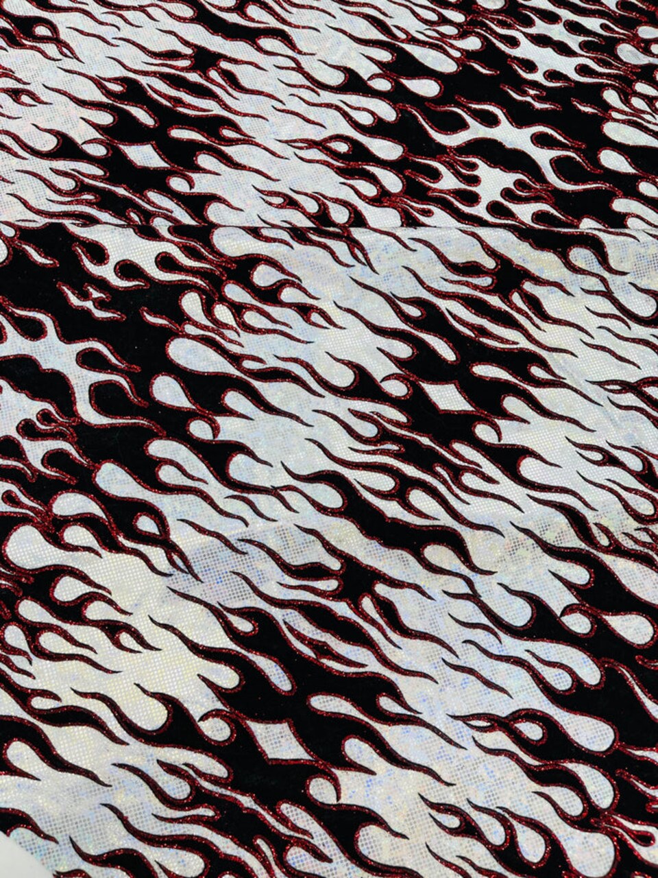 1 Yard Hot Rod Tricot Holographic Spandex Fabric Black Flocking Flames Red Glitter 4 Way Stretch 58-60 inches width